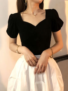 French Vintage Heart Collar Bubbles Sleeve T-shirt Womens Short Style Slim Fit Summer Top Exposing Clavicle Fashionable