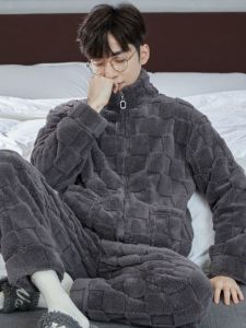 Mens Coral ผ้าขนแกะ ชุดนอน หนาขึ้น ผ้าขนแกะ ซิป เสื้อผ้าใส่ในบ้าน ฤดูหนาว อุ่น ชุดนอน ชุดอยู่บ้านสบายพร้อมใช้งาน