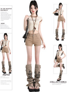 MZVZ | High-Waist A-Line Flattering Double Buckle Khaki Denim Shorts