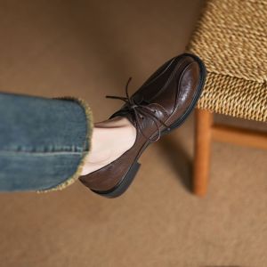 Low Heel Chunky Heel Lace up round Toe Womens Shoes Large Size Fashion Single Shoes British Style Spring Autumn Thick Bottom