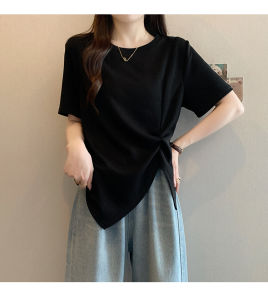 เสื้อยืดแขนสั้นหลวมๆ ทรงเข้ารูปสำหรับผู้หญิงในช่วงฤดูร้อน ทรงเข้ารูป เอวสูง แขนสั้น ทรงเข้ารูป สีพื้น