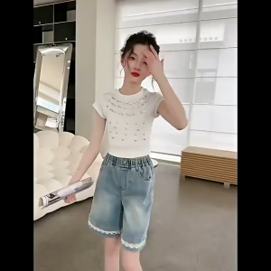 130-160cm กางเกงยีนส์เด็กผู้หญิงขาสั้น กางเกงยีนส์เด็กผู้หญิง รุ่นสั้น เด็กโต เด็กหญิง เอวยางยืด ระบายอากาศได้สะดวกสบาย