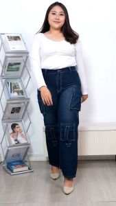 Celana Cargo Jeans Wanita Jumbo Import Dark blue