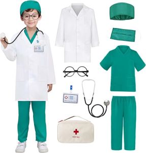 Kids Top+Pants+Coat+Accessories 9PCS Suits With Real Stethoscope For Kids Scrubs Halloween Costume Girls Boys Doctor Dress Up