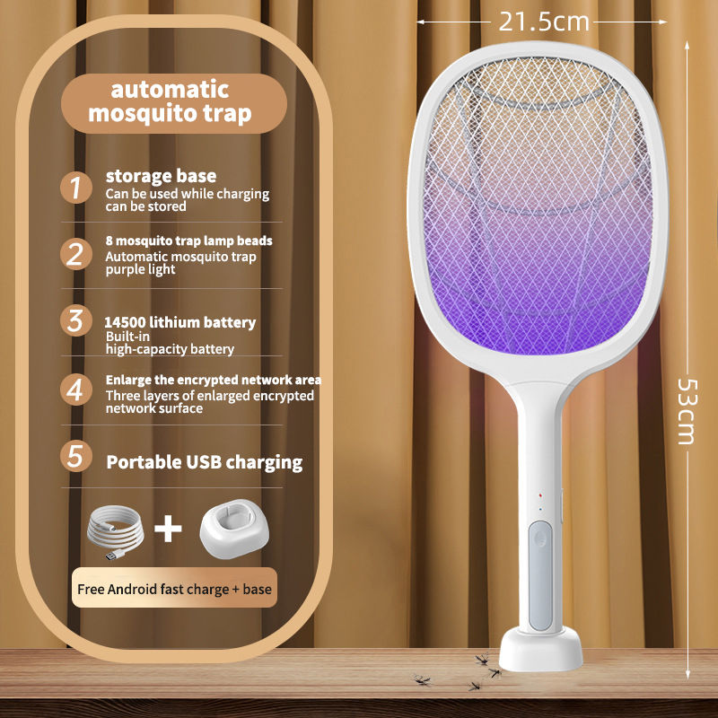 Ziinlife 2-in-1 Electric Bug Zapper Racket 3000V High Voltage 8 Mosquito Trap Lamp Beads with 3 Layer Safety Mesh High Capacity Battery USB Charging Portable Fly Killer Racquet