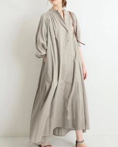 Loose Large Size Shirt Dress Knee-Length Cotton Linen Undergarment Long Sleeve Vintage Style Pure Color A-Line Skirt Dress