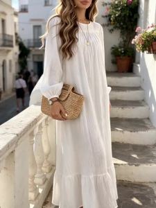 Women’s Spring-Summer Textured Long Sleeve Maxi Dress Round Neck Ruffle Hem Loose Fit Casual Boho Style Vacation Beach Wear
