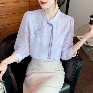 Chinese Style Blouse Women 3/4 Sleeve Shirt Fashion Elegant Vintage Top Plus Size