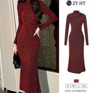 ZYHT EraVogue Women's Autumn/Winter Dresses: Stylish & Comfortable Red Fishtail Dresses