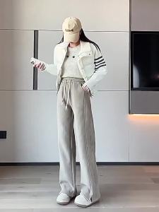 HUAXUNRAN | Fashionable Moms Wide Leg Pants Woolen Fleece Lined Straight Leg