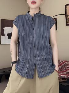Chic Stripe Sleeveless Stand Collar Shirt Womens Summer New plus Size Elegant Ageless Shoulder Baring Blouse Korean Style