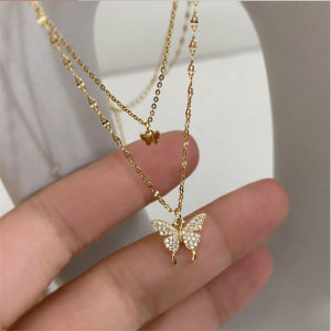 【Ready/COD】INS Korean Butterfly Pendant Double Layered Necklace for Women Girls Clavicle Chain Jewelry Accessories