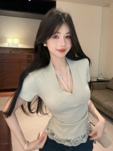 GUZILIAN | Korean Style Lace Splice Short Sleeve V-neck T-shirt Womens Base Shirt Spring Summer New Fashion Slimming Top