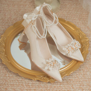 French Style Wedding Shoes Comfortable Maternity High Heels Satin Slip-On Shoes Daily Wear Pearl Decorated Rubber Outsole