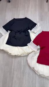 Sét áo nữ thun tay viền bèo và chân váy bí kèm quần trong dáng xòe-G07