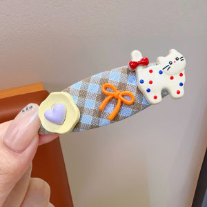 Cute Side Clip Hairpin Childrens Cartoon Cat Check Pattern Fabric Accessory