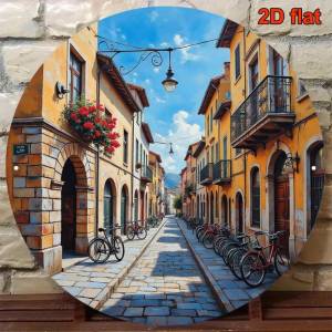 Vintage Round Metal Wall Art Italian Town Scene European Street Decor for Home Cafe Kitchen 23in