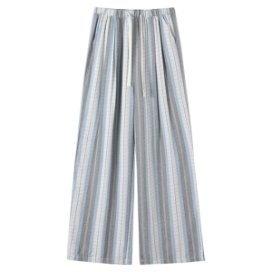 Quần ống rộng nữ MiiOW họa tiết kẻ sọc bằng vải lanh xanh mỏng thoải mái