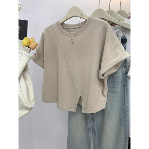 Summer New Design Short Sleeve T-Shirt Womens Cotton Half Shoulder Irregular Korean Style Commute Pure Color Patchwork