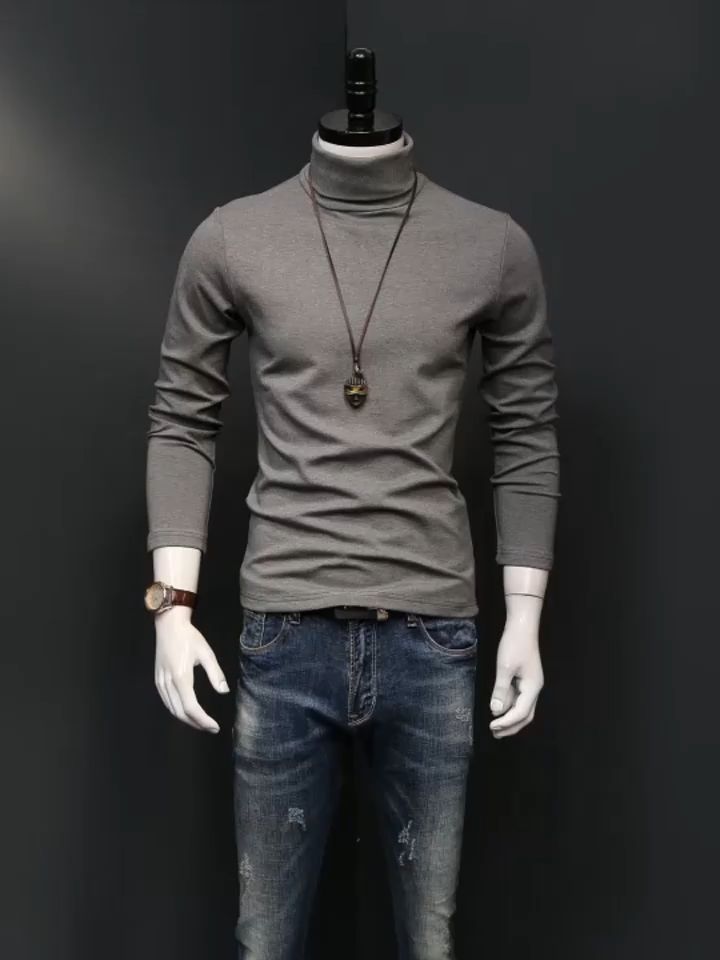 Men T Shirt Thin High Collar Bottoming Shirt Long Sleeved T-shirt Solid Color Autumn and Winter Cool Warm Clothing