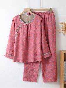 Chinese Ethnic Style Pure Cotton Double Layer Muslin Sleepwear Set for Women Thin Nine Sleeve Mid-Year Home Clothes