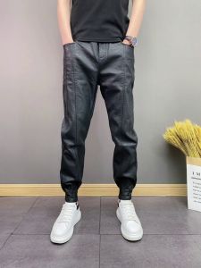 Mens Fashionable Fleece-Lined Leather Pants Motorcycle Riding Windproof Casual Black Autumn Winter New Style Youth Popular Straight Leg Long Trousers