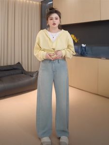 Cỡ Lớn Thoải Mái Cao Vòng Eo Chân Thẳng Quần Jean Nữ Chân Thời Trang Mùa Xuân Thon Gọn Bố Quần Thoải Mái Thoáng Khí Xuân Hè