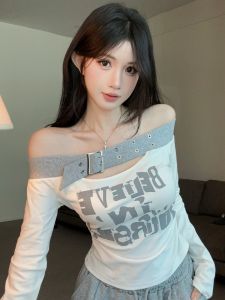 GUZILIAN | Off-Shoulder Letter Print Long Sleeve Leisure T-Shirt and Wide Leg Pants Set