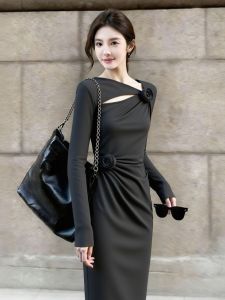 SHANGSHA | Elegant Chic Gray Fitted Dress