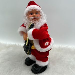 Dancing Twerking Santa Claus Figurines with Guitar and Gift Bag Festive Red and White Outfits Black Shoes Santa and Snowman decorations