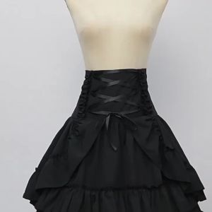 Gothic Black Lolita Medieval Steampunk tinggi pinggang wanita skirt Lace Trim Puff lapisan Ruffles Burlesque korset Dress