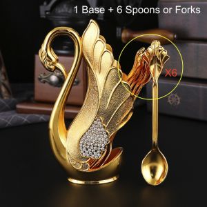 Creative Dinnerware Set Decorative Swan Base Holder with 6 Spoons or Forks for Coffee Fruit Dessert Stirring Mixing Gift Idea