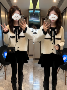 Áo Len Cardigan Dệt Kim Thời Trang Cho Nữ Áo Khoác Ngoài Có Nơ Bướm Váy Ngắn Bộ Hai Mảnh Phong Cách Thu Đông Chất Liệu Khác