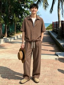 OUMULONG | Bộ Áo Quần Nam Hai Lớp Thoáng Khí Màu Nâu Từ Gai Dầu