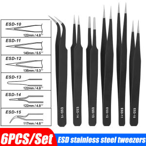 6PCS ESD Stainless Steel Tweezers High Precision Anti-static Industrial Electronic Component Maintenance Curved Straight Tweezers Set for Car Electrical Connection Tools