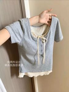 Fashionable Large Size Womens T-shirt Dupes Two-Piece Color Block Work Clothing Short Sleeve U-Collar Regular Thickness for Summer