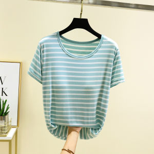 Modal Short Sleeve T-Shirt Women Summer Thin Casual Top Large Size Slimming Outerwear Stripe Base Shirt round Neck T-Shirt