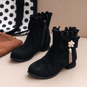 YUAAE Girls Ankle Boots High Heels Square Heel with Ruffles Flouncing Kids Princess Boots Children Boots Fashion