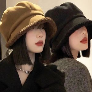 Autumn Winter Simple Premium Feel Bucket Hat Plus Velvet Lamb Hair Cap Outdoor Thickened Warm Cute Beret Wide Brim Windproof Cap