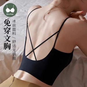 Cross Back Ice Silk Seamless Strapless Bra One Piece Fixed Cup Gathered Tube Top Vest Womens Underwear Comfortable Nylon