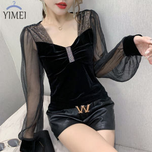 Yimei quan điểm lưới tay áo phồng Áo Nhung mùa thu dài tay mới kim cương Studded v-cổ Áo xếp li