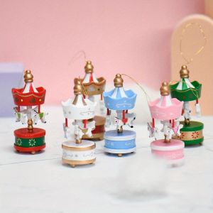 6Pcs/Set Christmas Wooden Carousel Horse Miniature Ornaments Christmas Tree Hanging Pendants New Year Gifts For Home Party Decor