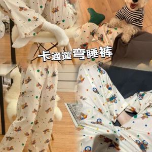 Summer Thin Home Pants Womens Cartoon Print Loose Casual Outdoor Sleepwear Long Pants Comfortable Breathable Lightweight