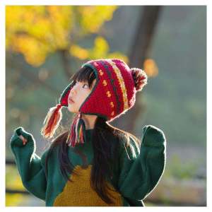 Retro Handmade Knitted Tassel Warm Winter Hat for Boys And Girls Casual Style round Top No Brim Knit Cap Ethnic Minority Style