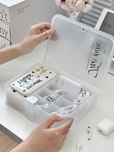 Desktop Organizer Box Transparent Cover Dustproof Phone Case Power Cable Charger Caddy Plastic Rectangular Shape Single Layer