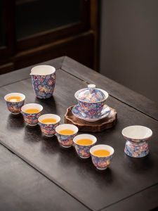 Enamel Color Kung Fu Tea Set Suit For Home Meeting High-End White Jade Porcelain Tea Brewing Tureen Complete Set Gift Giving Box-Packed