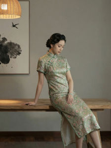 Green Floral Retro Chinese Style Short Sleeve Slim Fit Qipao Spring Summer