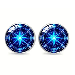 Stainless Steel Blue Magical Compass Stud Earrings Round Glass Cabochon Hexagram Earrings For Men Jewelry