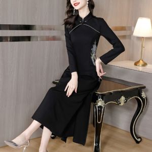 Elegant Black Embroidered Young Style Qipao Dress Luxury Sensation Autumn Winter New Chinese Year Meeting Ceremony Gown
