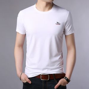 ROMON | Áo thun nam tay ngắn cotton nguyên chất mùa hè mỏng cổ tròn phong cách bố trung niên màu trắng áo lót thường ngày thời trang
